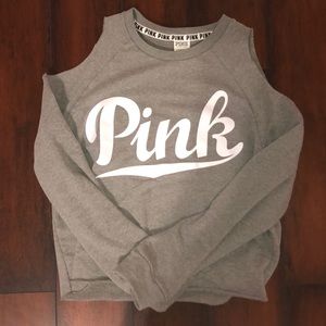 PINK long sleeve gray shirt with open shoulder